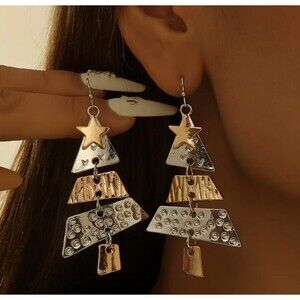 Well Crafted Gold Silver Jointed Christmas Tree Dangling Earrings